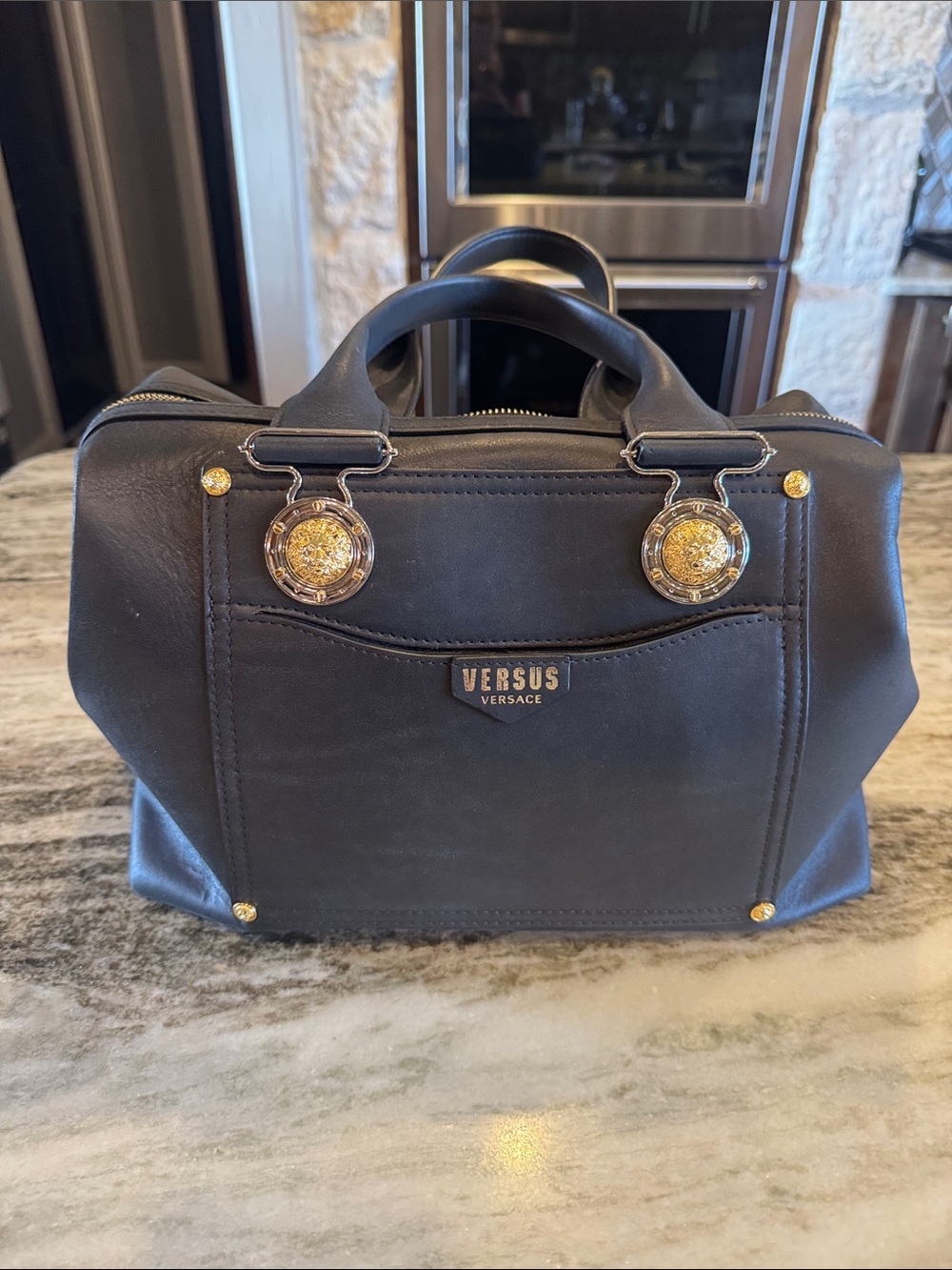 Versus Versace Black Satchel with Gold Medallion Accents